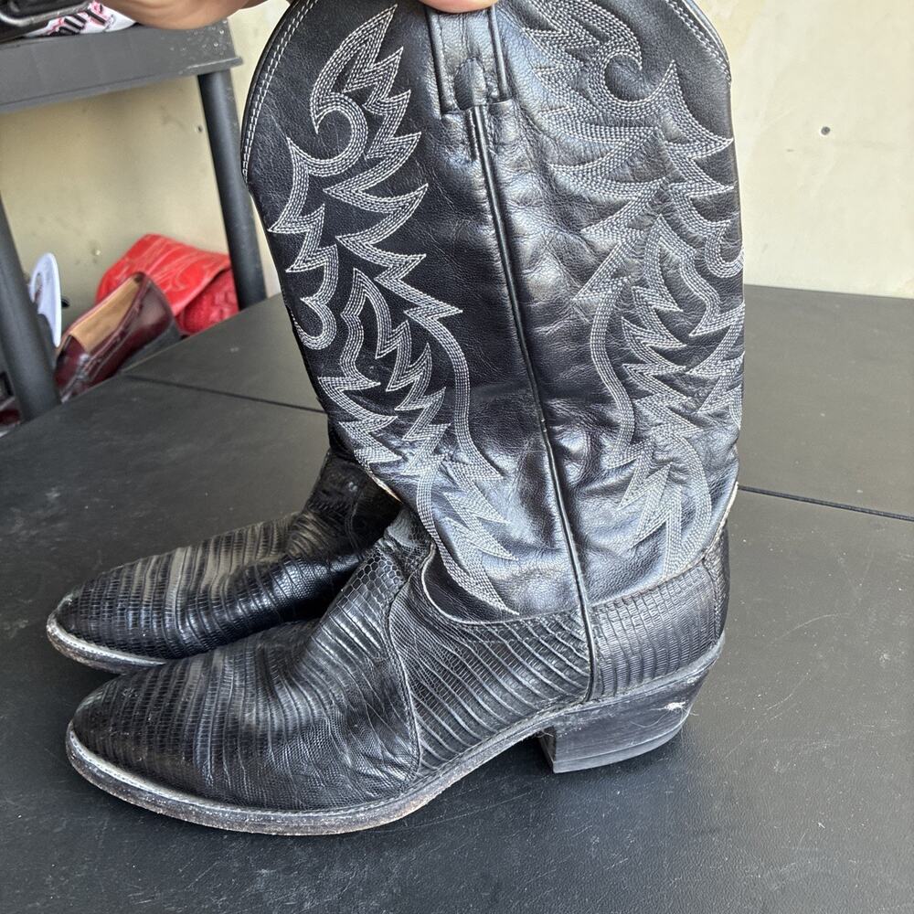 VTG DAN POST Black Teju Lizard Vamp Leather Cowboy Boots 11D Made In USA Exotic